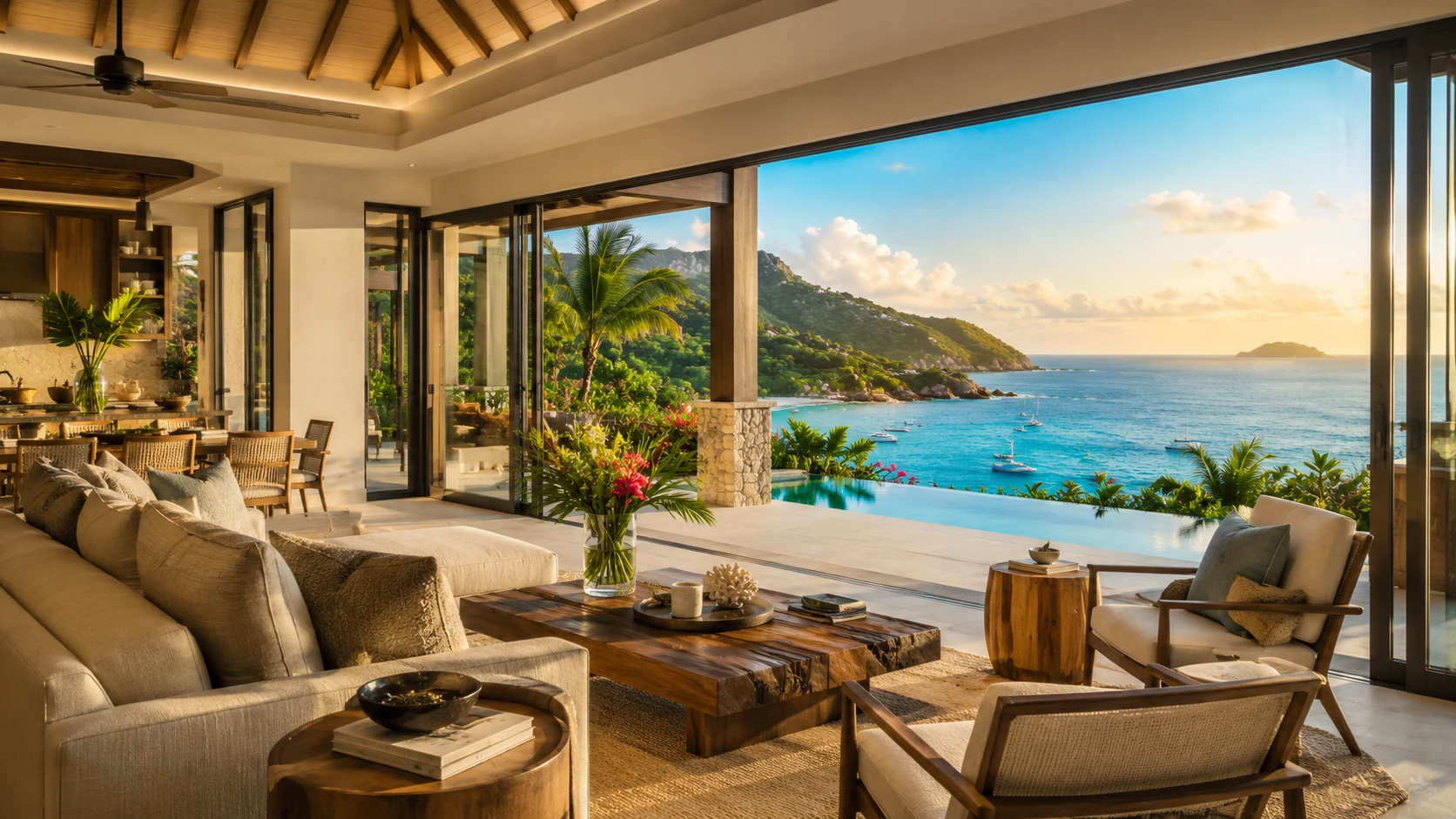 Interior visualisation of a living room opening onto an ocean-view terrace