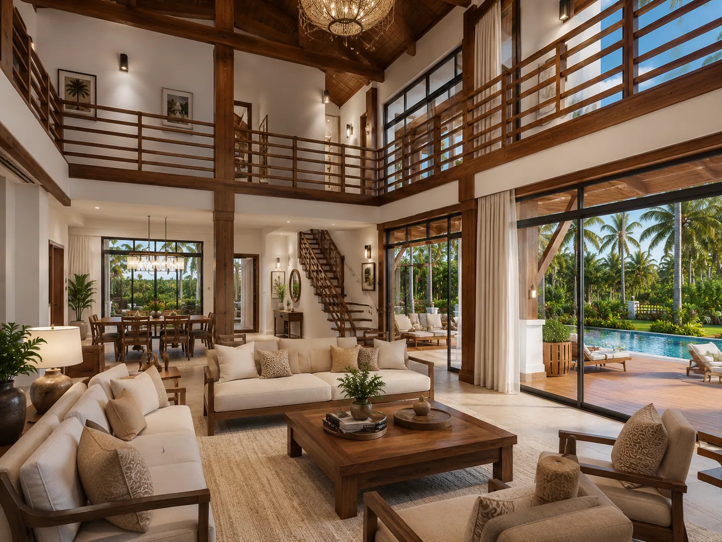 Villa Georgette interior — double-height living room with mezzanine