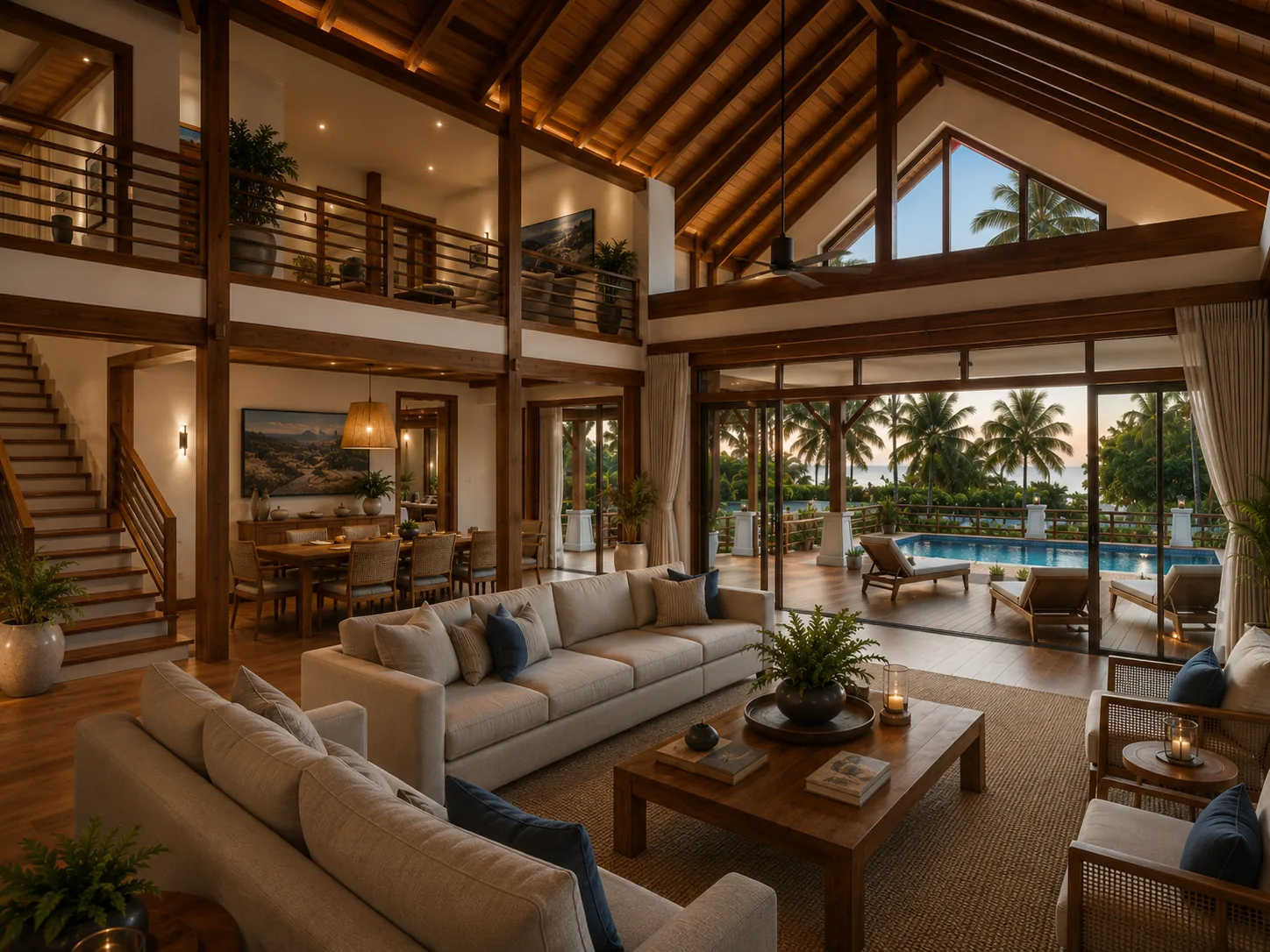 Villa Georgette interior — two-storey villa living room with pool view