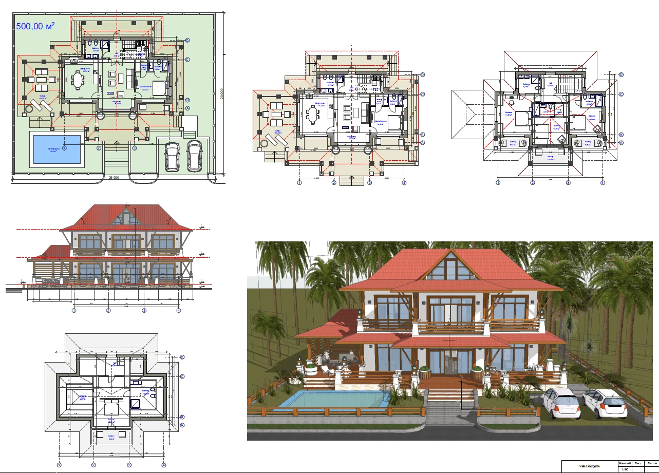 Architectural project Villa Georgette — floor plans, elevations and renders